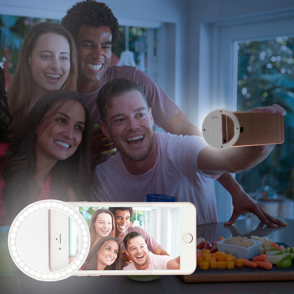 Yellow Pandora portable selfie ring clip-on for mobile phones, compact LED ring light for improved selfies and video calls.