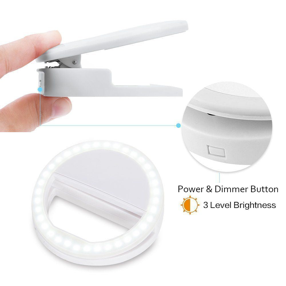 Yellow Pandora portable selfie ring clip-on for mobile phones, compact LED ring light attached for improved selfies and lighting.