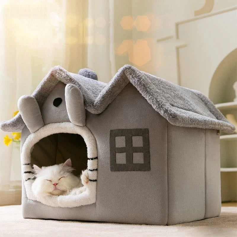 Yellow Pandora plush cat bed with removable roof, cozy and soft pet house for cats, featuring a yellow exterior and brown interior.