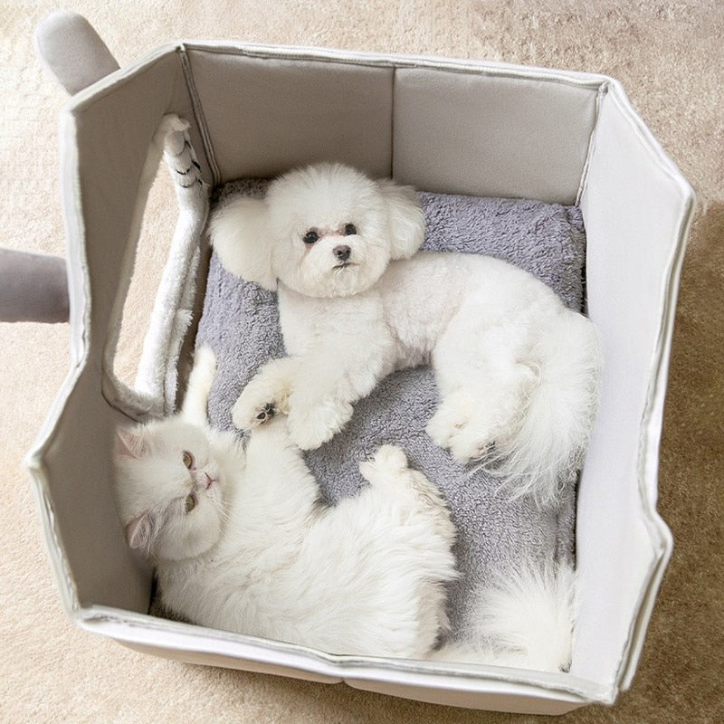 Yellow Pandora plush cat bed with removable roof and cozy interior, designed for comfortable feline relaxation.
