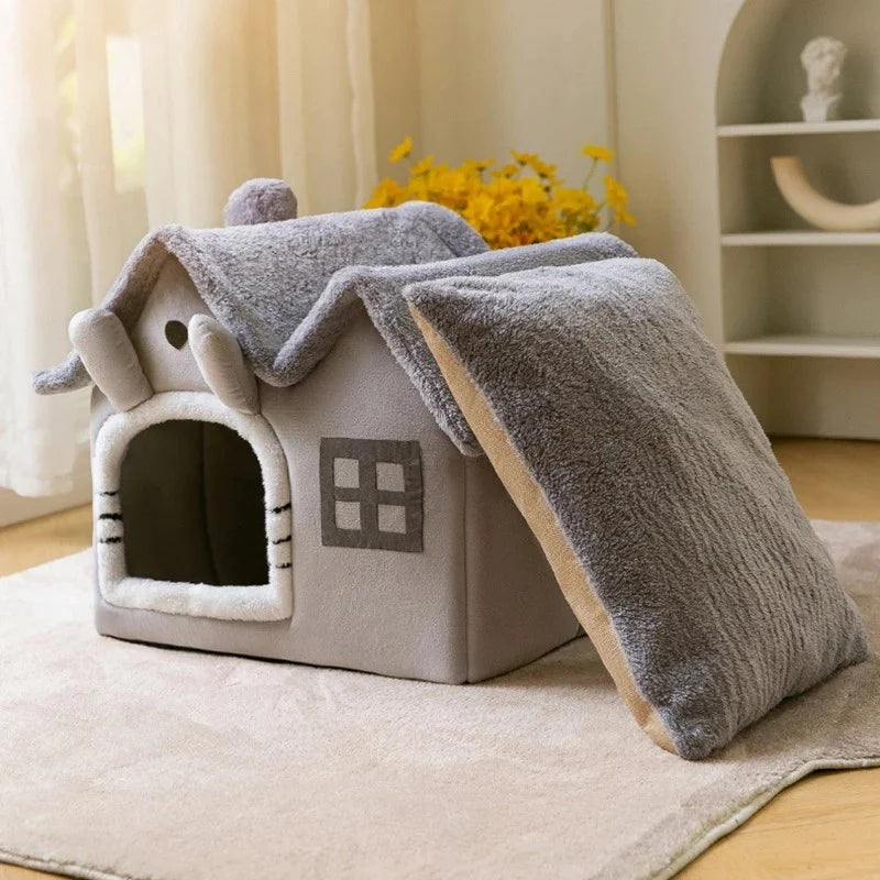 Yellow Pandora removable roof plush cat bed with a cozy brown interior and a soft, comfortable design for pets.