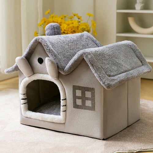Yellow Pandora plush cat bed with removable roof, cozy enclosed design, and soft interior for comfortable pet lounging.