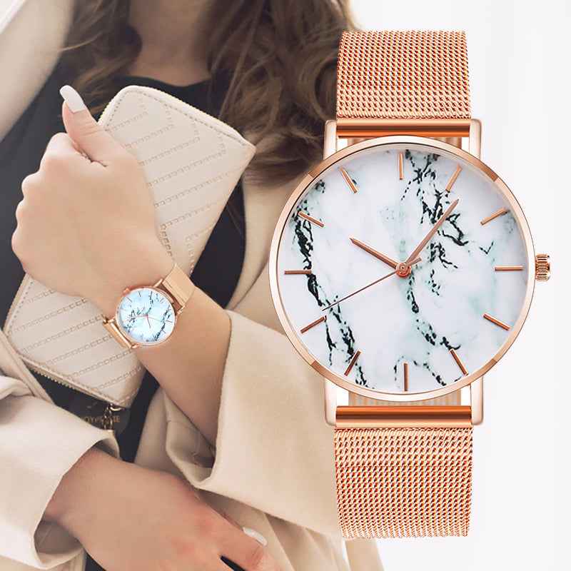 Fashion Rose Gold Marble Wrist Watch - Luxury Quartz Watches for Women, Creative Design with Mesh Band, Perfect Gift for Her